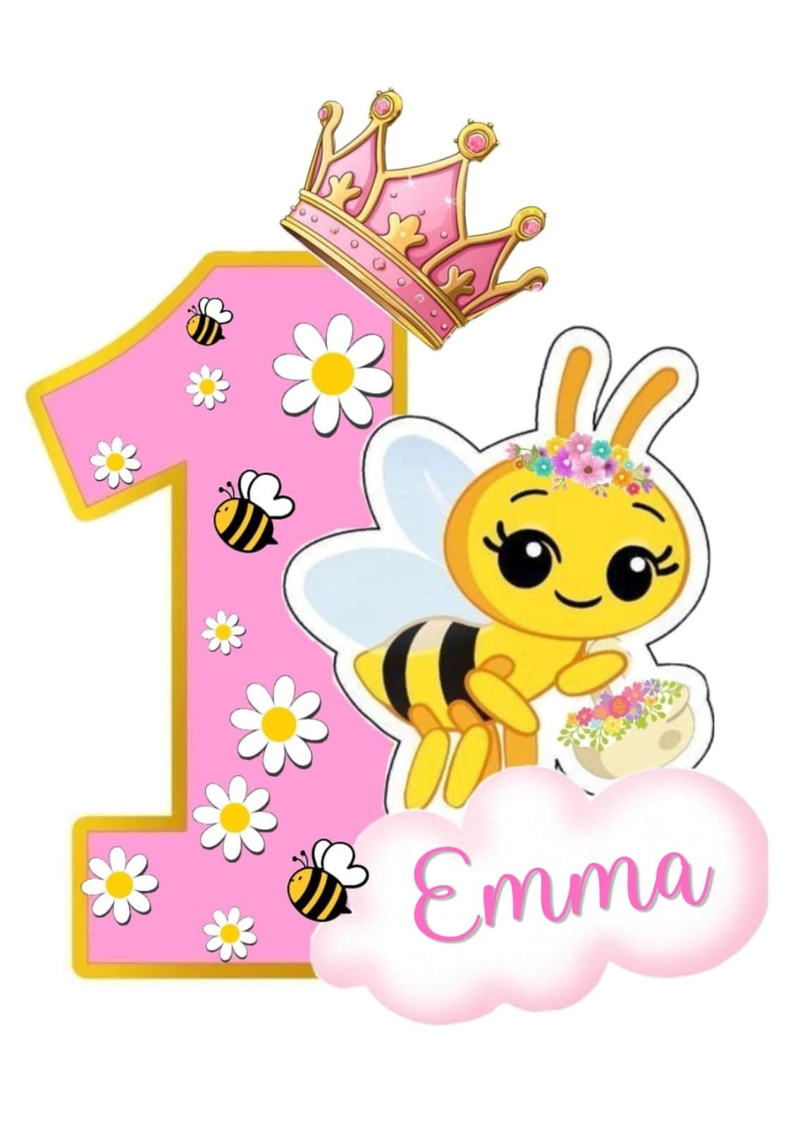 Número 1 con corona rosa y abejita, con el nombre Emma